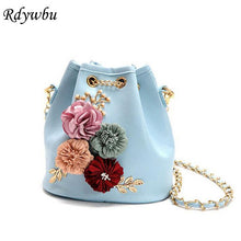 Rdywbu Handmade Flowers Bucket Bags Mini Shoulder Bags With Chain Drawstring Small Cross Body Bags Pearl Bags Leaves Decals