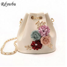 Rdywbu Handmade Flowers Bucket Bags Mini Shoulder Bags With Chain Drawstring Small Cross Body Bags Pearl Bags Leaves Decals