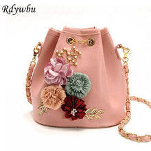 Rdywbu Handmade Flowers Bucket Bags Mini Shoulder Bags With Chain Drawstring Small Cross Body Bags Pearl Bags Leaves Decals